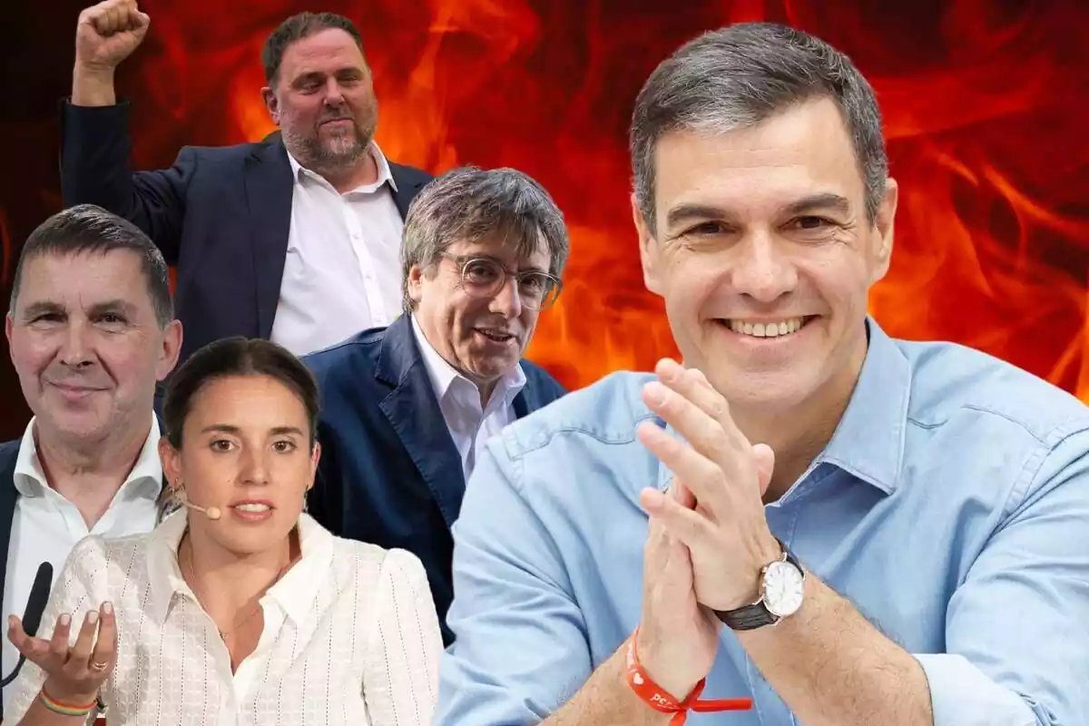 Montaje Pedro Sanchez junto a Arnaldo Otegui, Irene Montero, Carles Puigdemont y Oriol Junqueras