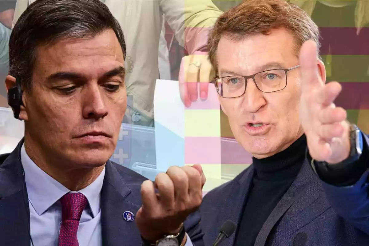 Montaje de Pedro Sánchez y Feijóo con una urna y las banderas de Galicia y Cataluña