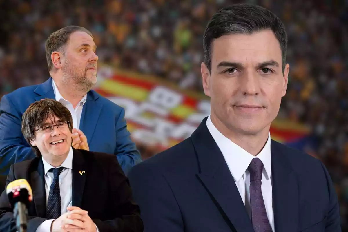 Montaje de Pedro Sánchez con Puigdemont y Oriol Junqueras mirándole