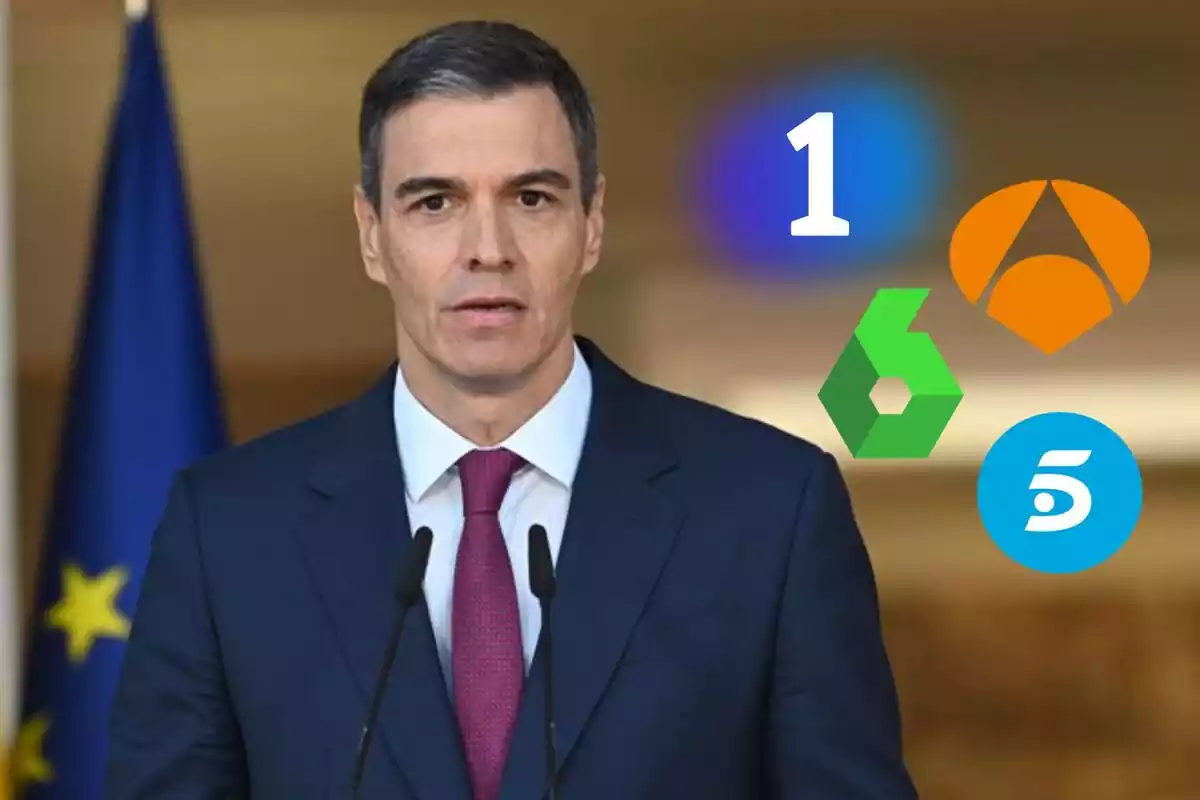 Montaje de Pedro Sánchez con los logos de las cadenas: La 1, laSexta, Antena 3 y Telecinco