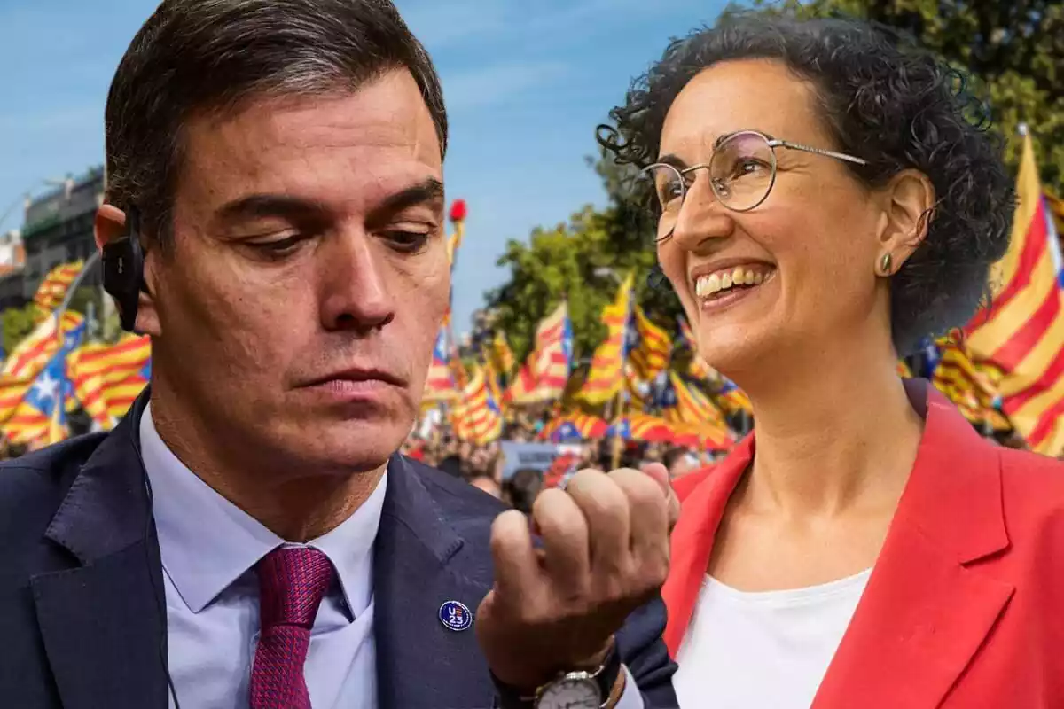 Montaje de Pedro Sánchez con Marta Rovira (ERC) y una manifestación independentista de fondo