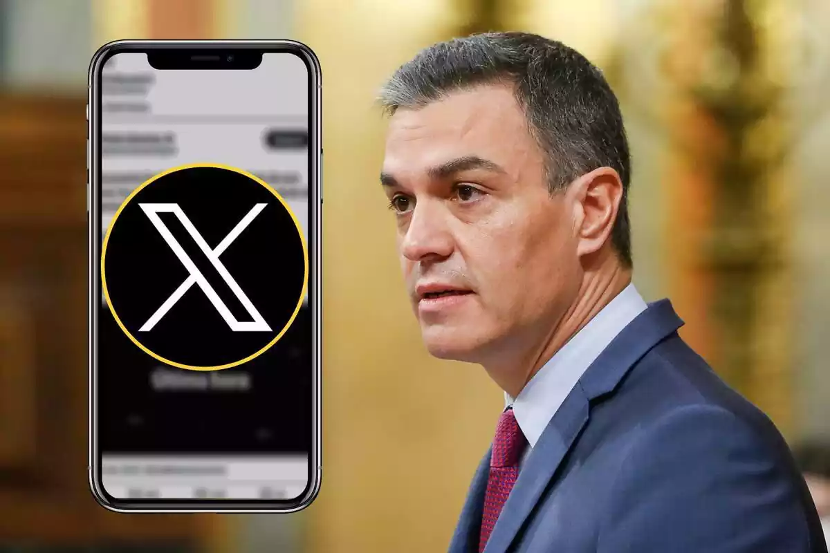 Montaje de Pedro Sánchez en el Congreso de los Diputados y un telefono movil con el logo de X