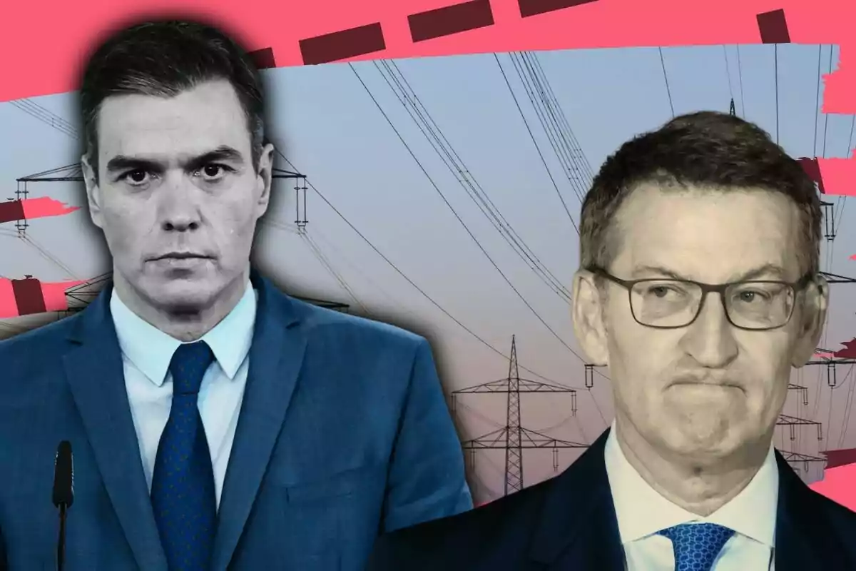 Dos hombres en traje frente a un fondo de torres eléctricas y un diseño gráfico en tonos rosados.
