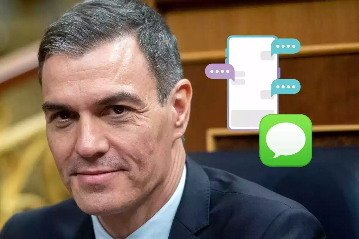 Montaje de Pedro Sánchez sonriendo con un móvil con mensajes y el logo de Mensajes