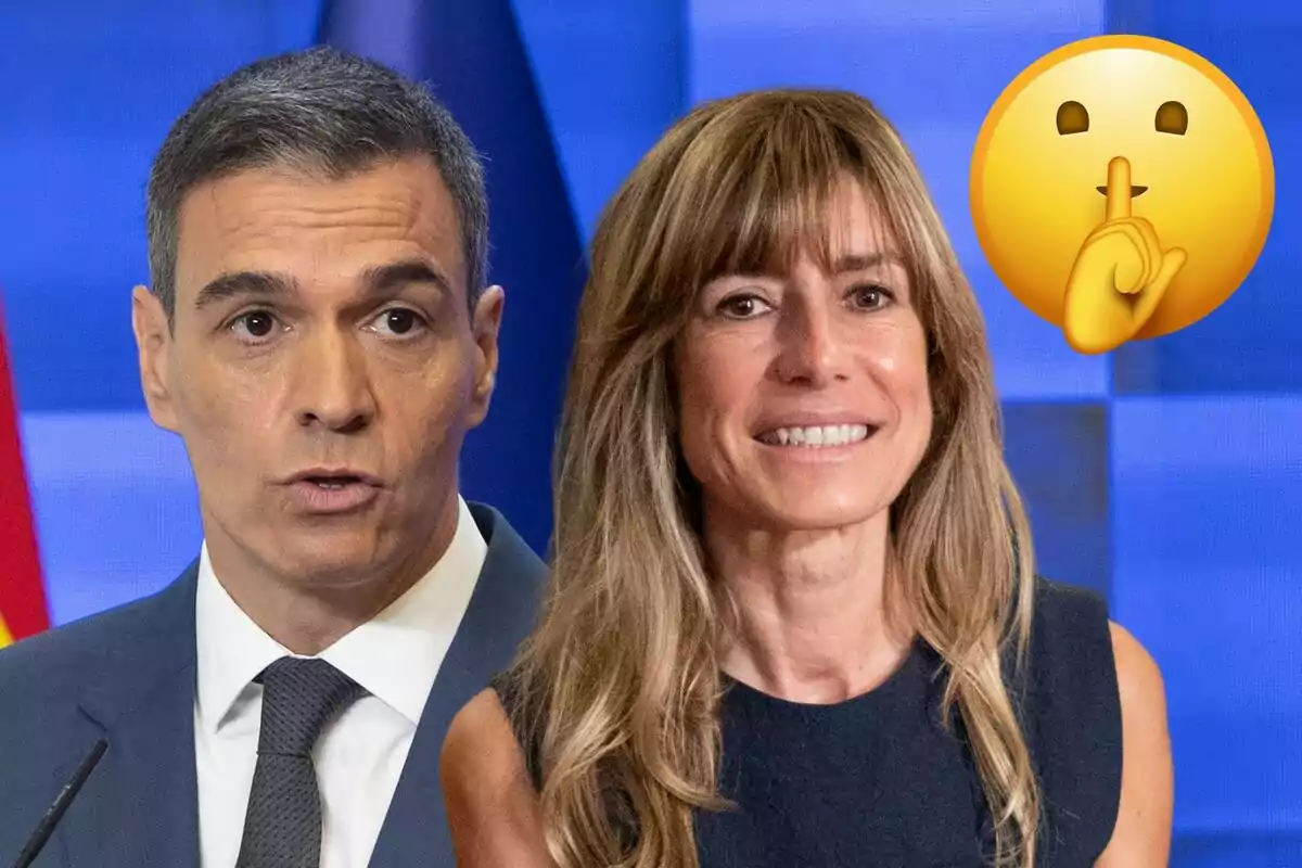 Pedro Sánchez y Begoña Gómez posan juntas con un emoji de silencio en la esquina superior derecha.