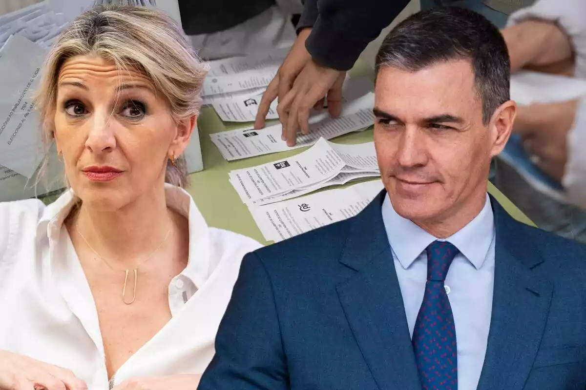 Montaje de Pedro Sanchez y Yolanda Díaz on las papeletas de las elecciones gallegas
