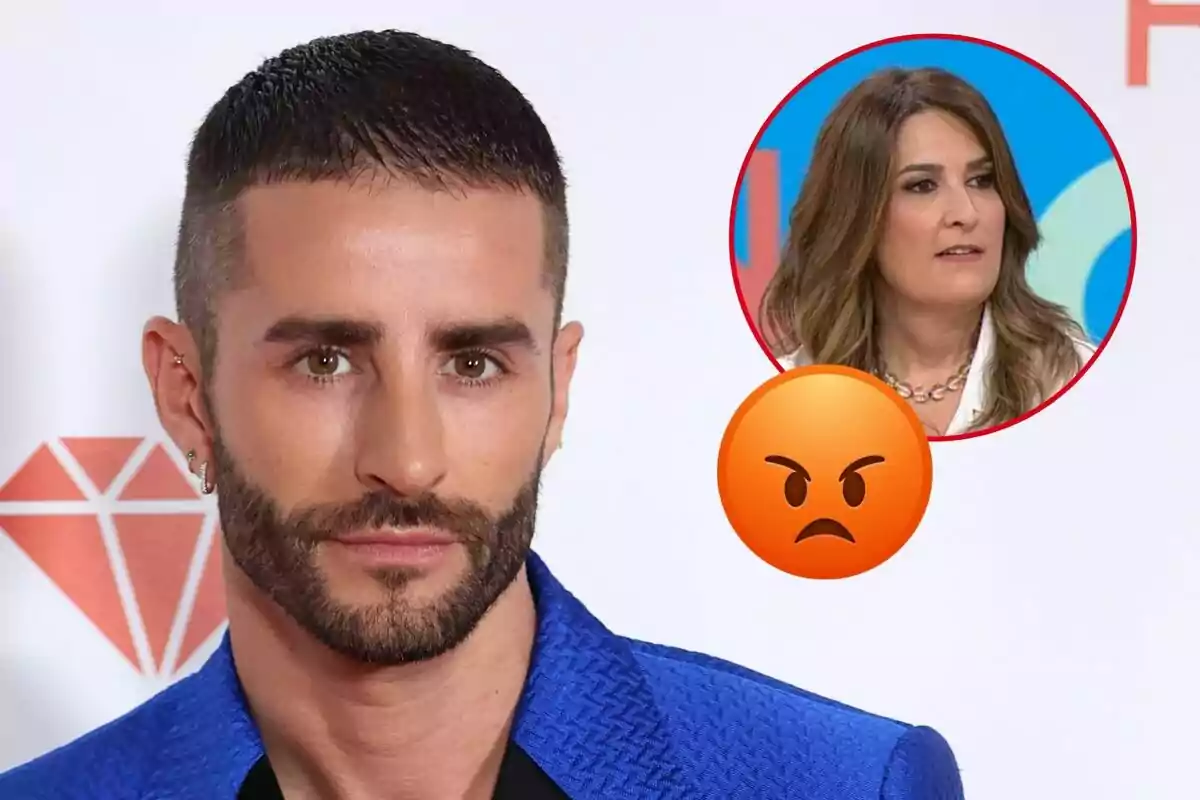 Pelayo Díaz con chaqueta azul y expresión seria, con un emoji de enojo y Laura Fa en un círculo rojo en el fondo.