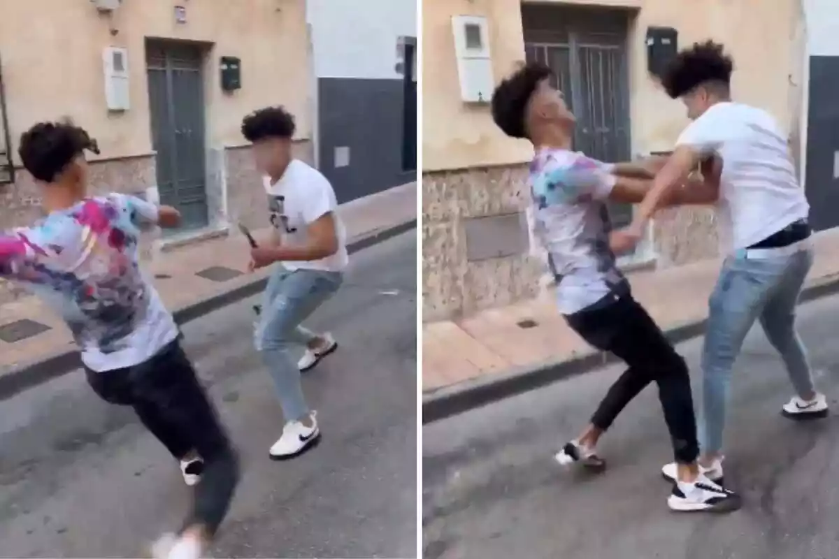 Montaje fotográfico entre dos imágenes de una pelea protagonizada por dos jóvenes en Lorca