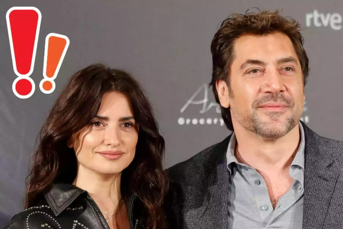 Montaje con Penélope Cruz y Javier Bardem juntos sonriendo y unas exclamaciones rojas y naranjas