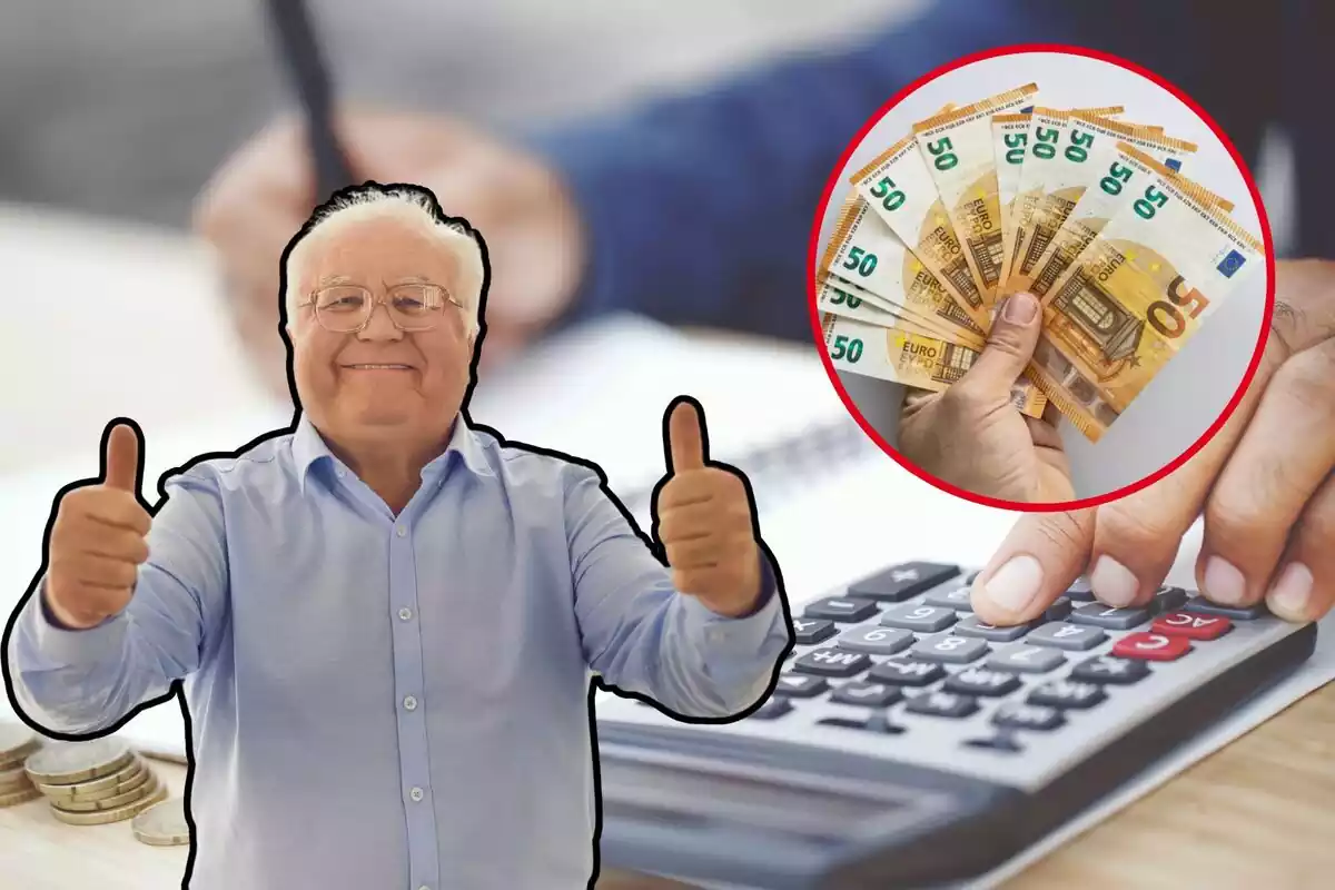 Un hombre mayor, con los pulgares en alto, sobre una imagen de calculadora al fondo, y en el círculo, unos billetes de euros