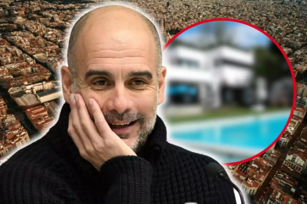 Pep Guardiola sonriente con la mano en la cara, con una vista aérea de Barcelona de fondo y una imagen borrosa de una casa con piscina en un círculo rojo.