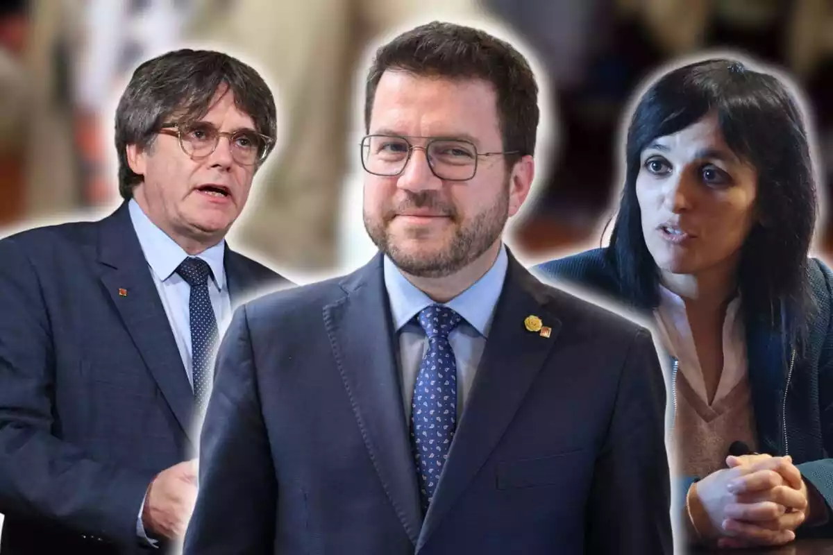 Montaje de Pere Aragonès con Carles Puigdemont i Silvia Orriols