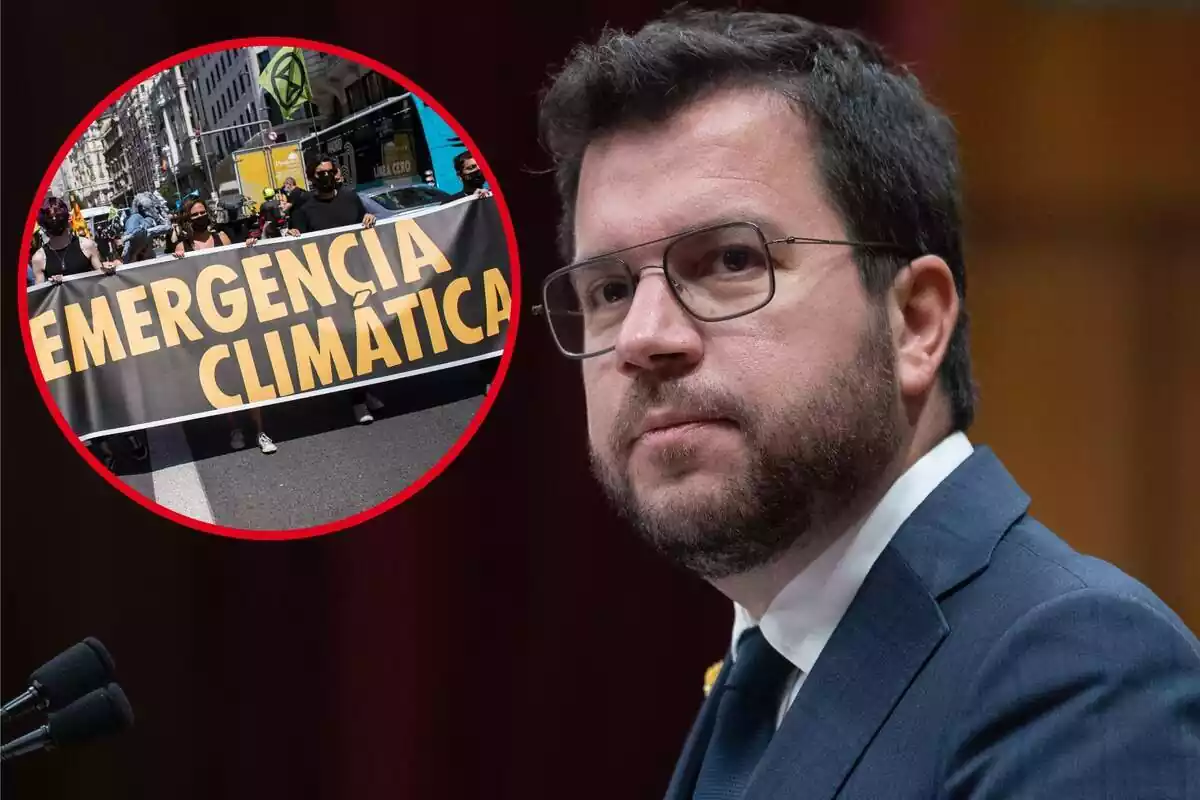 Montaje de Pere Aragonès y una manifestación sobre la emergencia climática