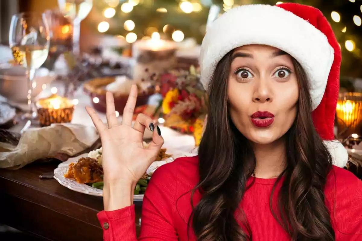 Mujer con gorro de Santa Claus haciendo un gesto de aprobación con la mano en una cena festiva.