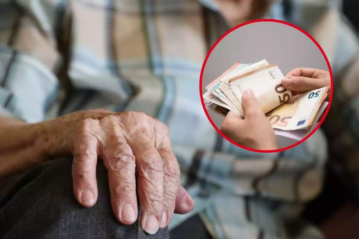 Primer plano de las manos de una persona mayor y la imagen de varios billetes de euros al lado