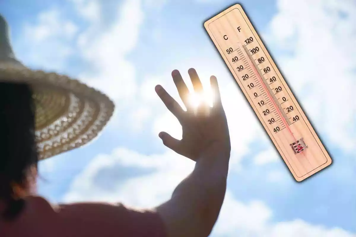 Montaje de una persona mirando al sol junto a un termómetro