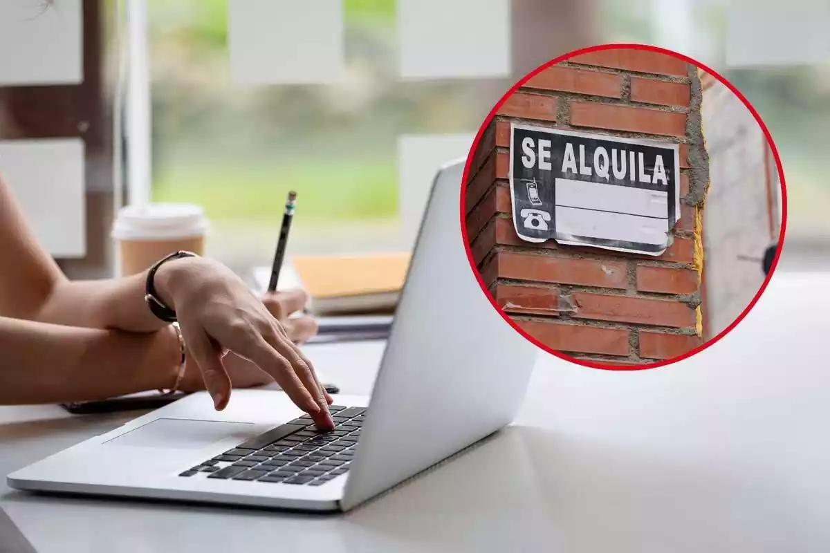 Montaje de una persona con una mano en el teclado del ordenador y la otra con un lápiz y un cartel de 'Se Alquila'