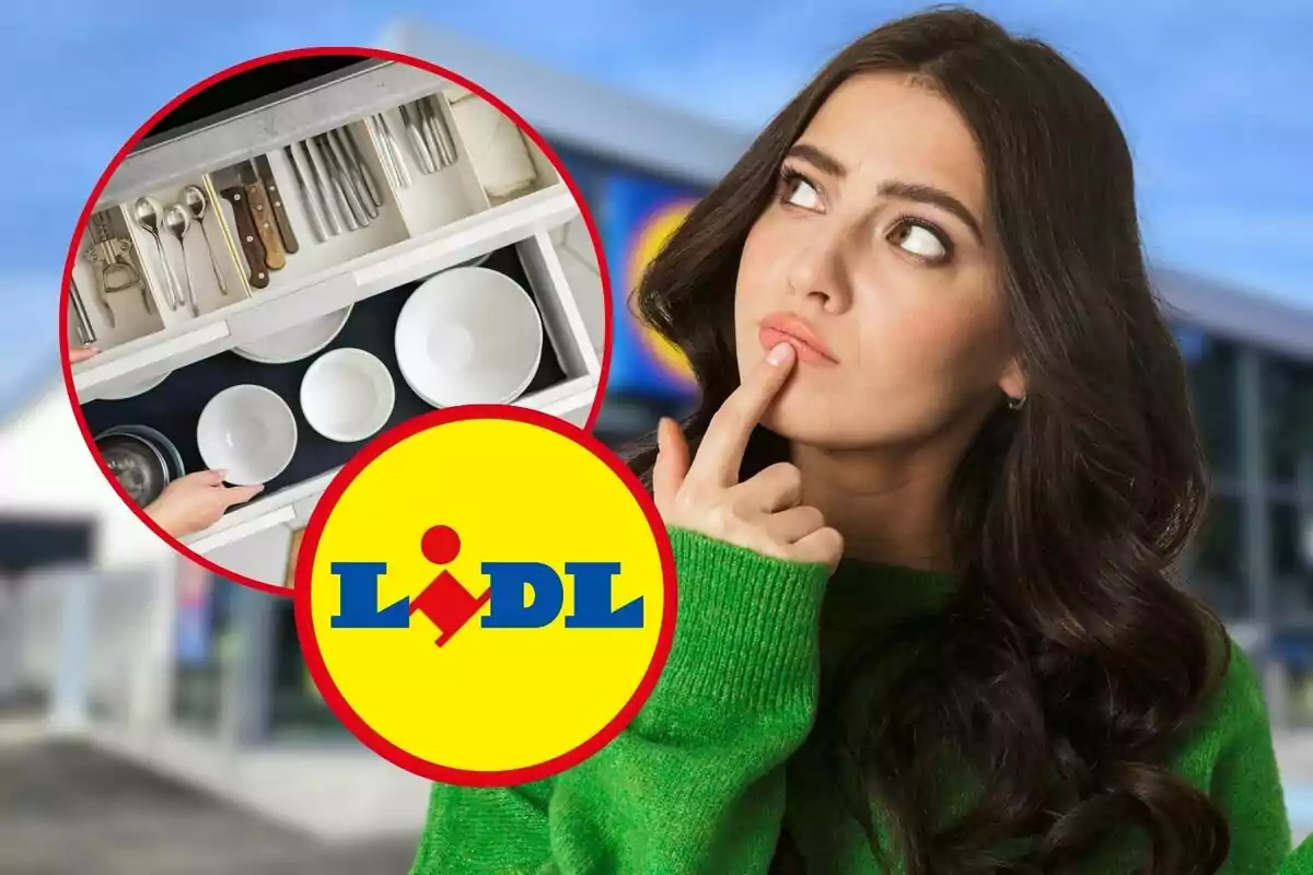 Una mujer pensativa con un suéter verde está frente a un fondo borroso de una tienda Lidl, con un círculo que muestra un cajón de utensilios de cocina y el logo de Lidl.