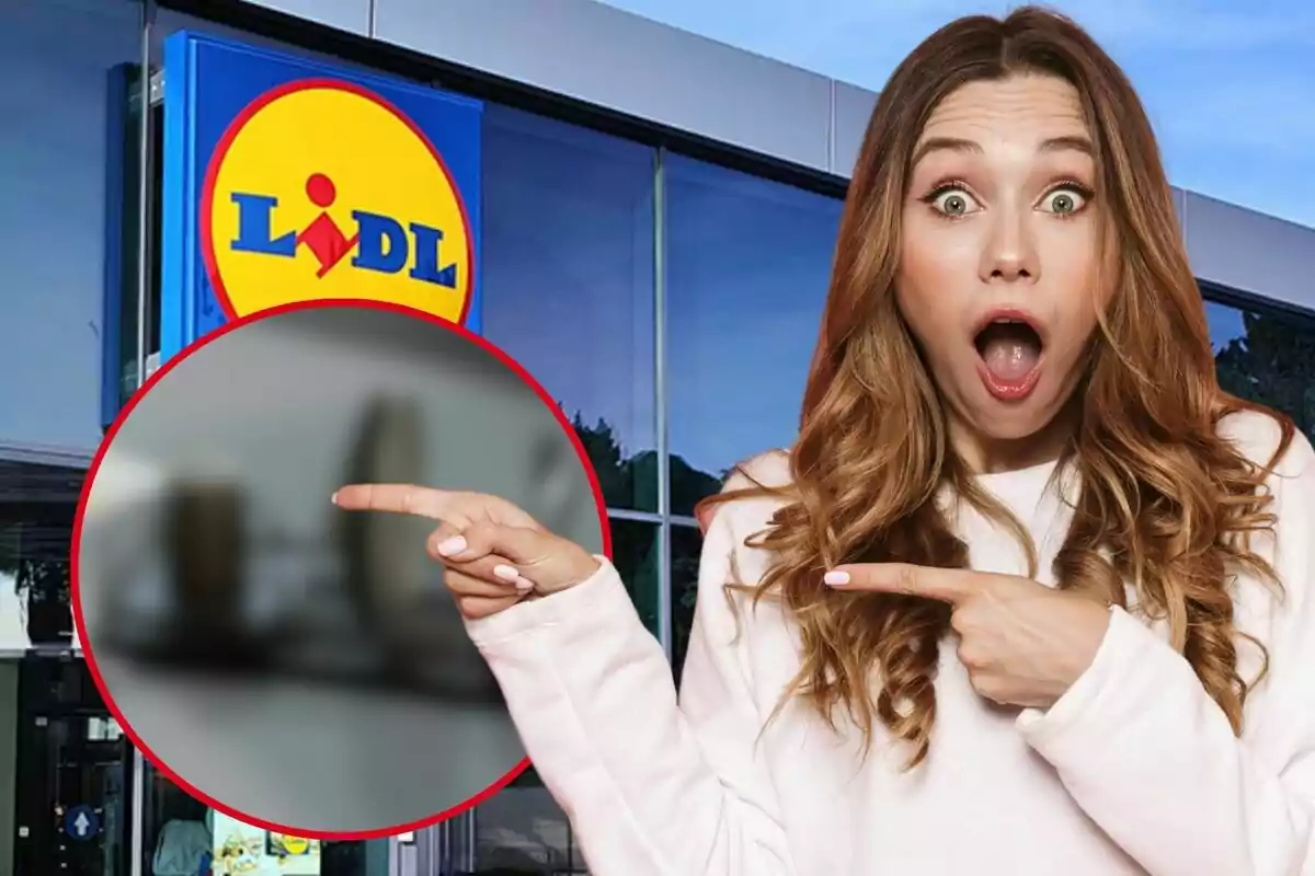 Mujer sorprendida señalando algo frente a una tienda Lidl.