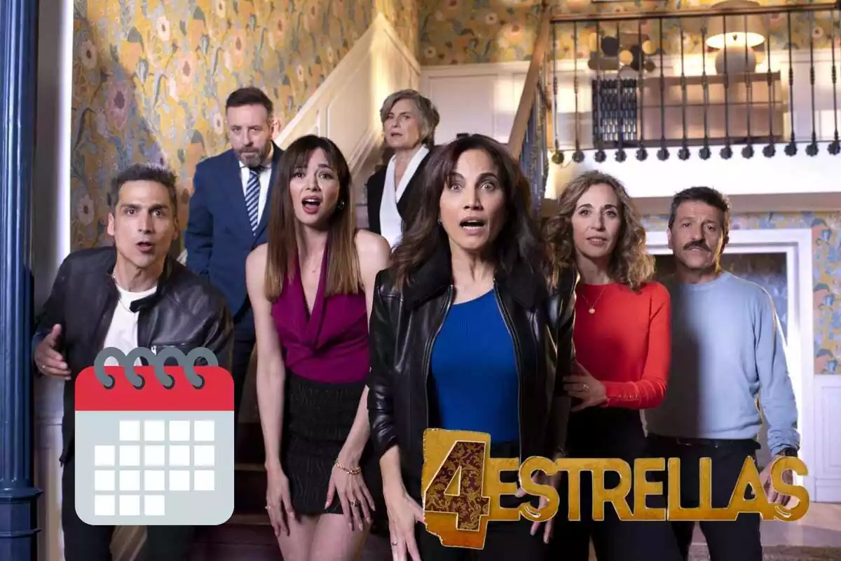 Montaje con los personajes de '4 estrellas' asustados en una escalera, el logo de la serie y un calendario