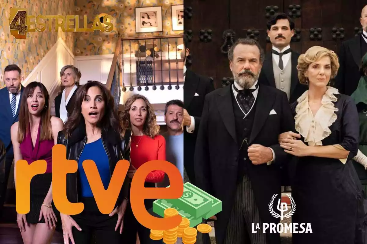 Montaje con los personajes de '4 estrellas' y 'La Promesa' con los logos de la serie, el logo de RTVE con dinero