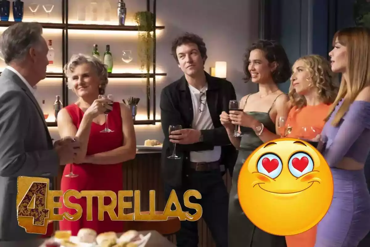 Montaje con los personajes de '4 estrellas' con copas en las manos, el logo de la serie y un emoji enamorado