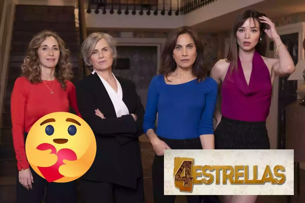 Montaje con los personajes de '4 estrellas', el logo de la serie y un emoji enamorado