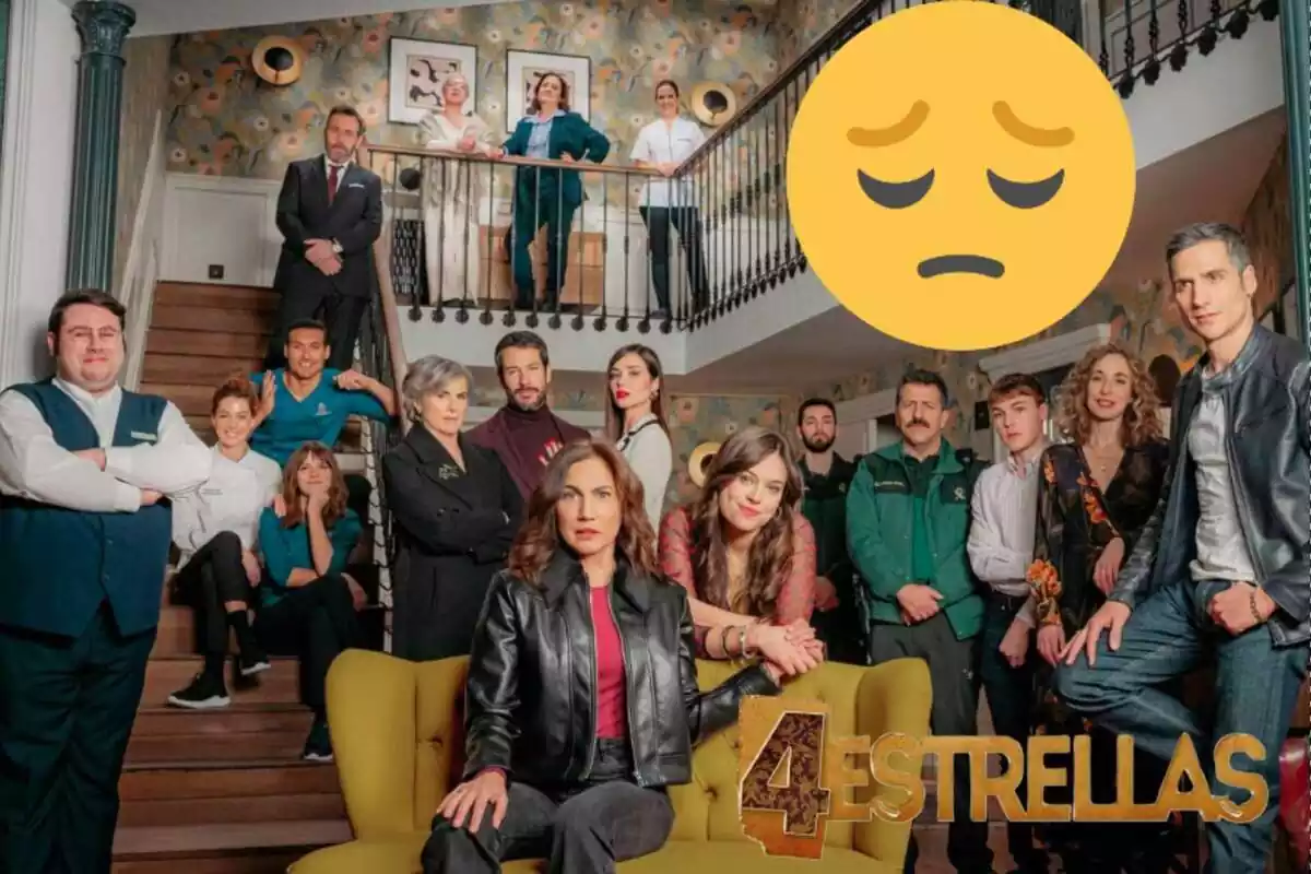 Montaje con los personajes de '4 estrellas', el logo de la serie y un emoji triste