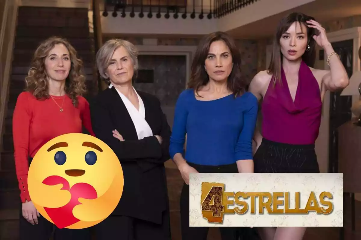 Montaje con los personajes de '4 estrellas', el logo de la serie y un emoji enamorado