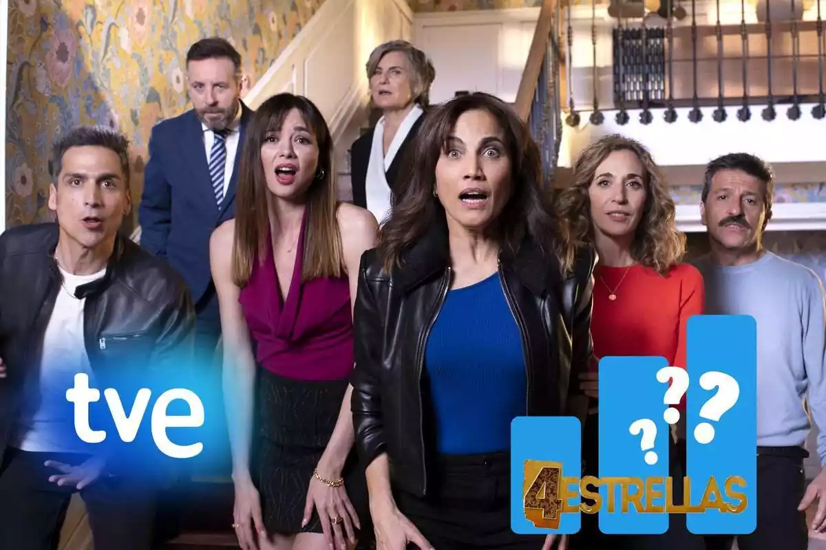 Montaje con los personajes de '4 estrellas' sorprendidos, el logo de TVE y la serie, y un gráfico con interrogantes blancos