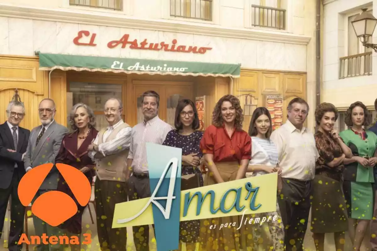 Montaje de 'Amar es para siempre' con los personajes, el logo de la serie y el de Antena 3