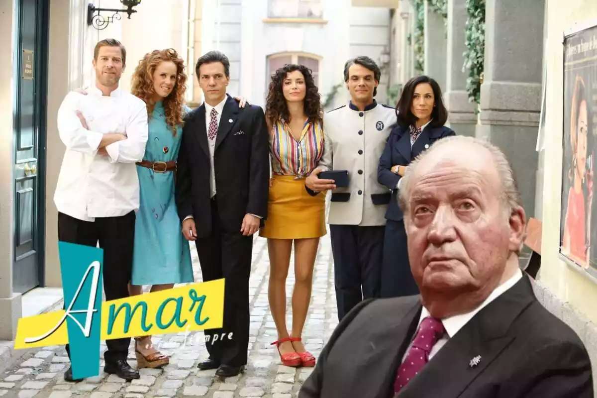 Montaje con los personajes de 'Amar es para siempre', el logo de la serie y Juan Carlos I mirando hacia arriba