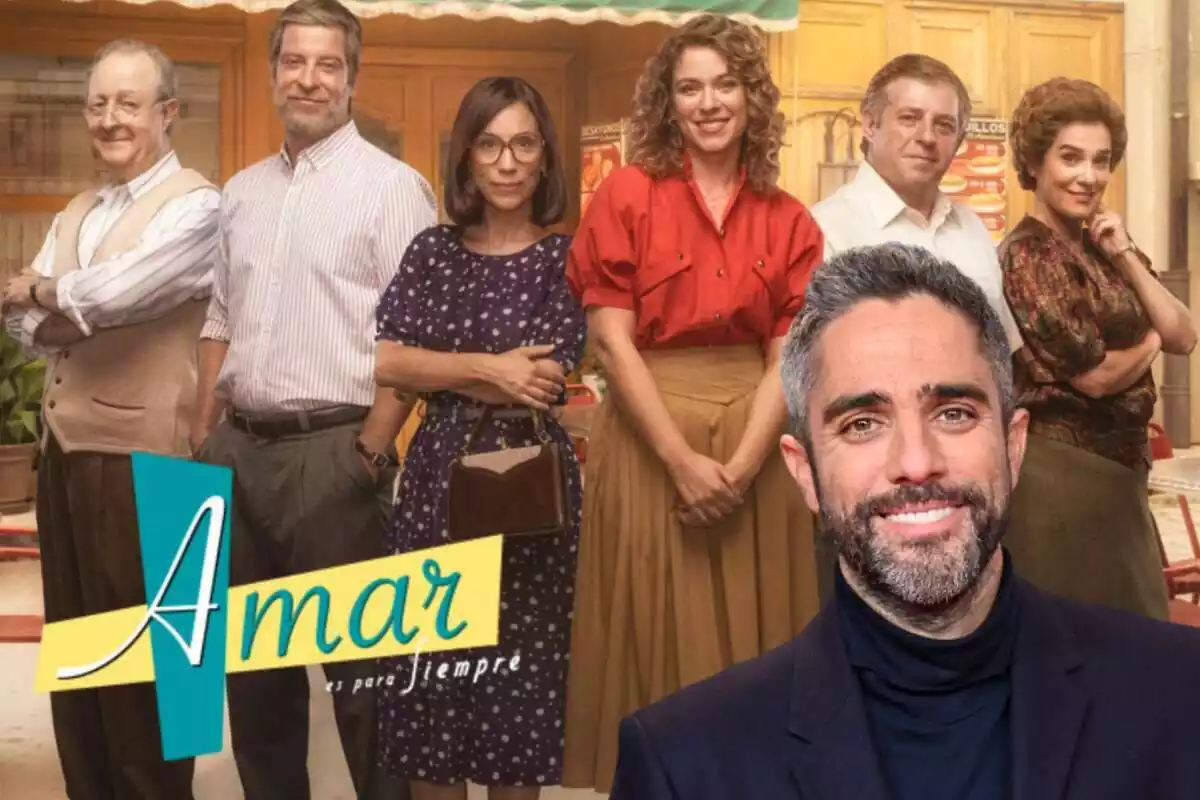 Montaje con los personajes de 'Amar es para siempre', el logo de la serie y Roberto Leal sonriendo vestido de negro