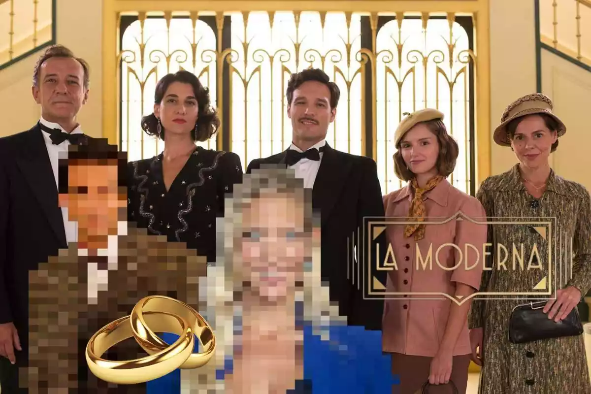 Montaje con los personajes de 'La Moderna', Álex Adrover y Patricia Montero pixelados, unos anillos de casados y el logo de la serie
