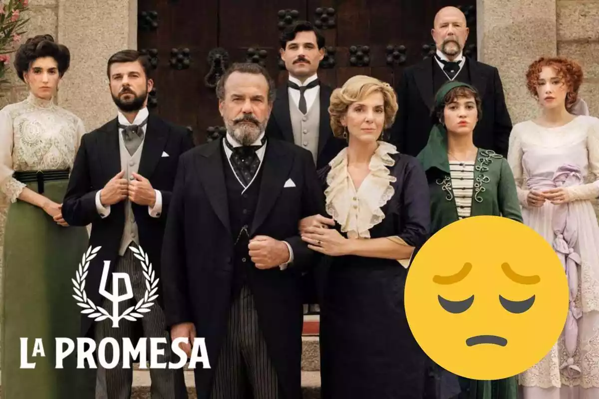Montaje de los personajes de 'La Promesa' con el logo de la serie y un emoji triste