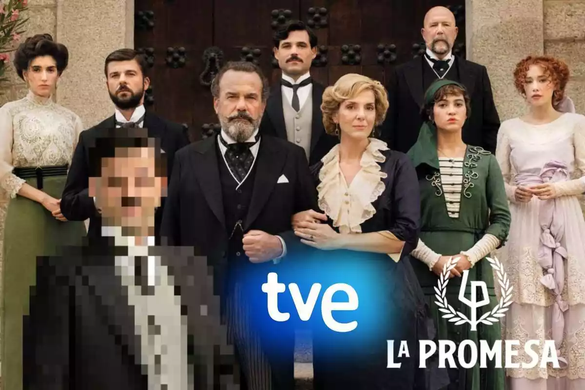 Montaje con los personajes de 'La Promesa', Manuel pixelado y los logos de TVE y la serie