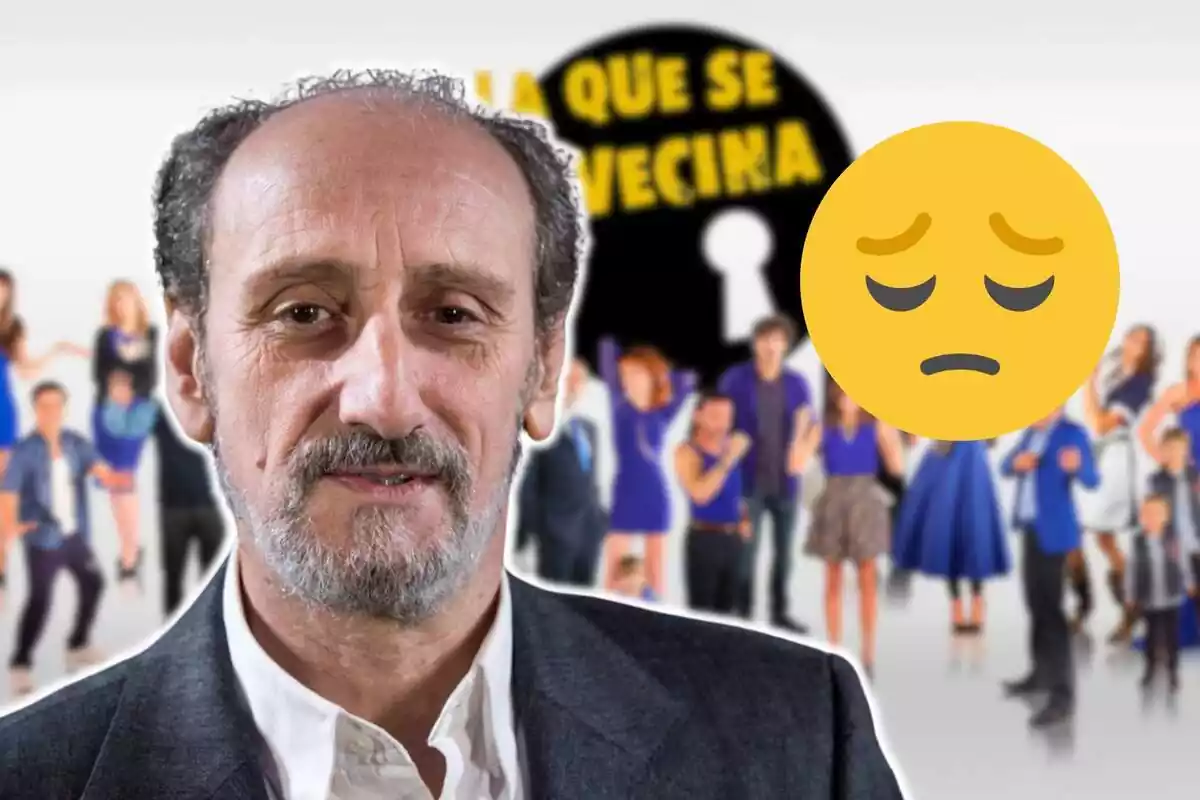 Montaje de los personajes de 'La que se avecina' y su logo, José Luis Gil sonriendo en traje gris y camisa blanca y un emoji triste
