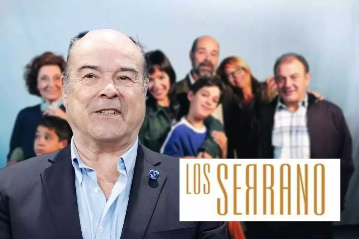 Montaje con los personajes de 'Los Serrano' al fondo, Antonio Resines sonriendo en traje y el logo de la serie
