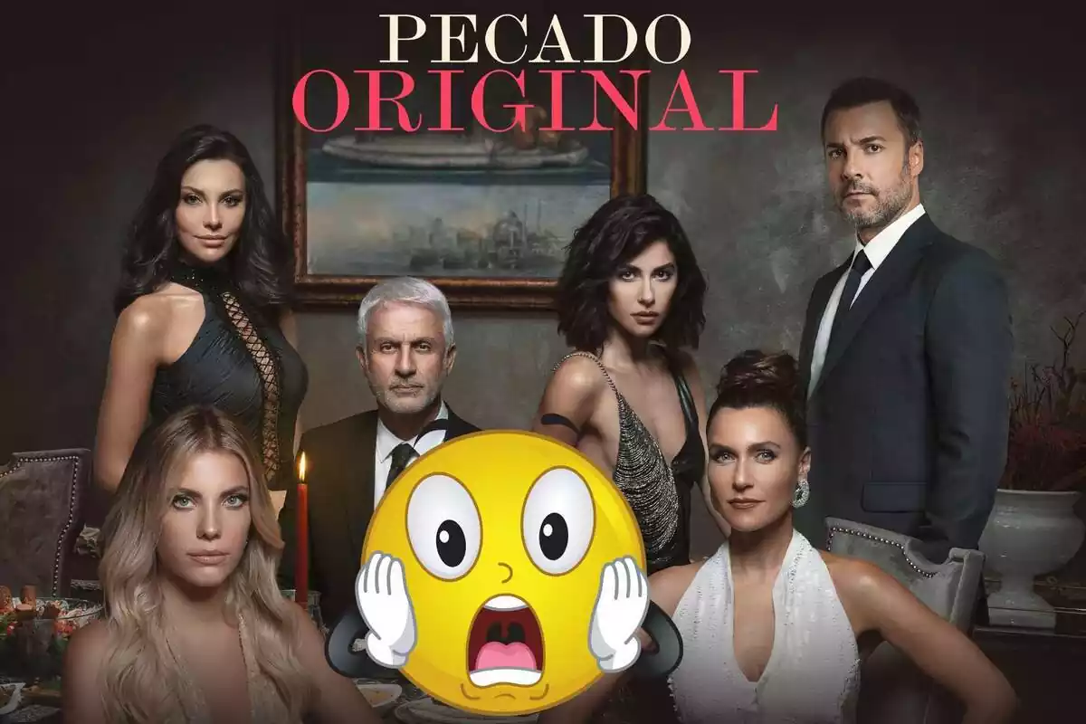 Montaje con los personajes de 'Pecado Original', el logo de la serie y un emoji de sorpresa