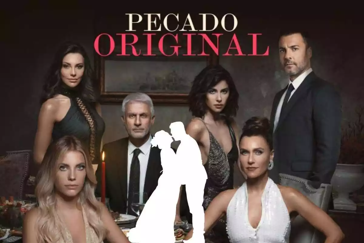 Montaje con los personajes de 'Pecado Original', el título de la serie y una silueta de una pareja casándose