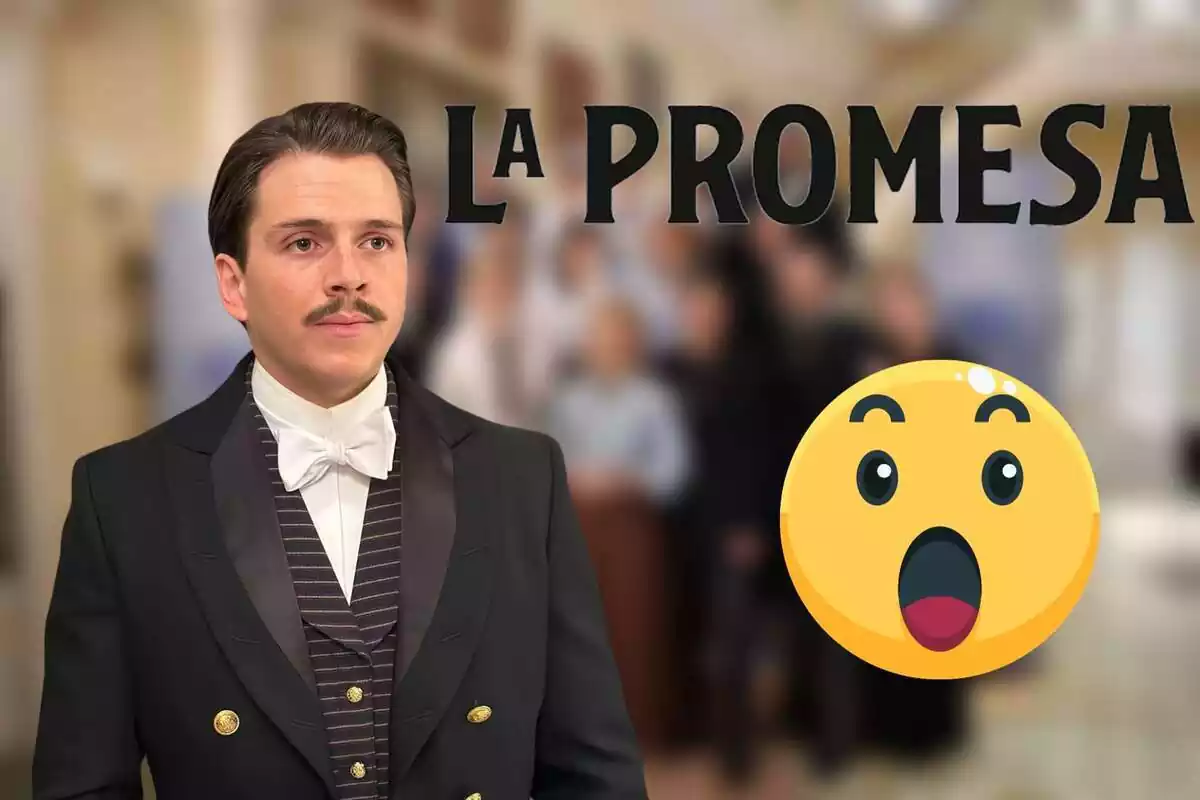 Montaje con los personajes de 'La Promesa' difuminados, el personajes de Feliciano, el logo de la serie y un emoji sorprendido
