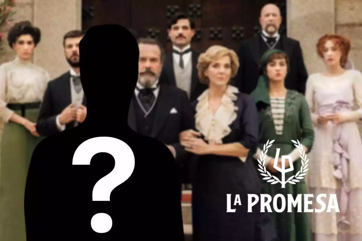 Montaje con los personajes de 'La Promesa' al fondo, el logo de la serie y una silueta de persona con un interrogante blanco