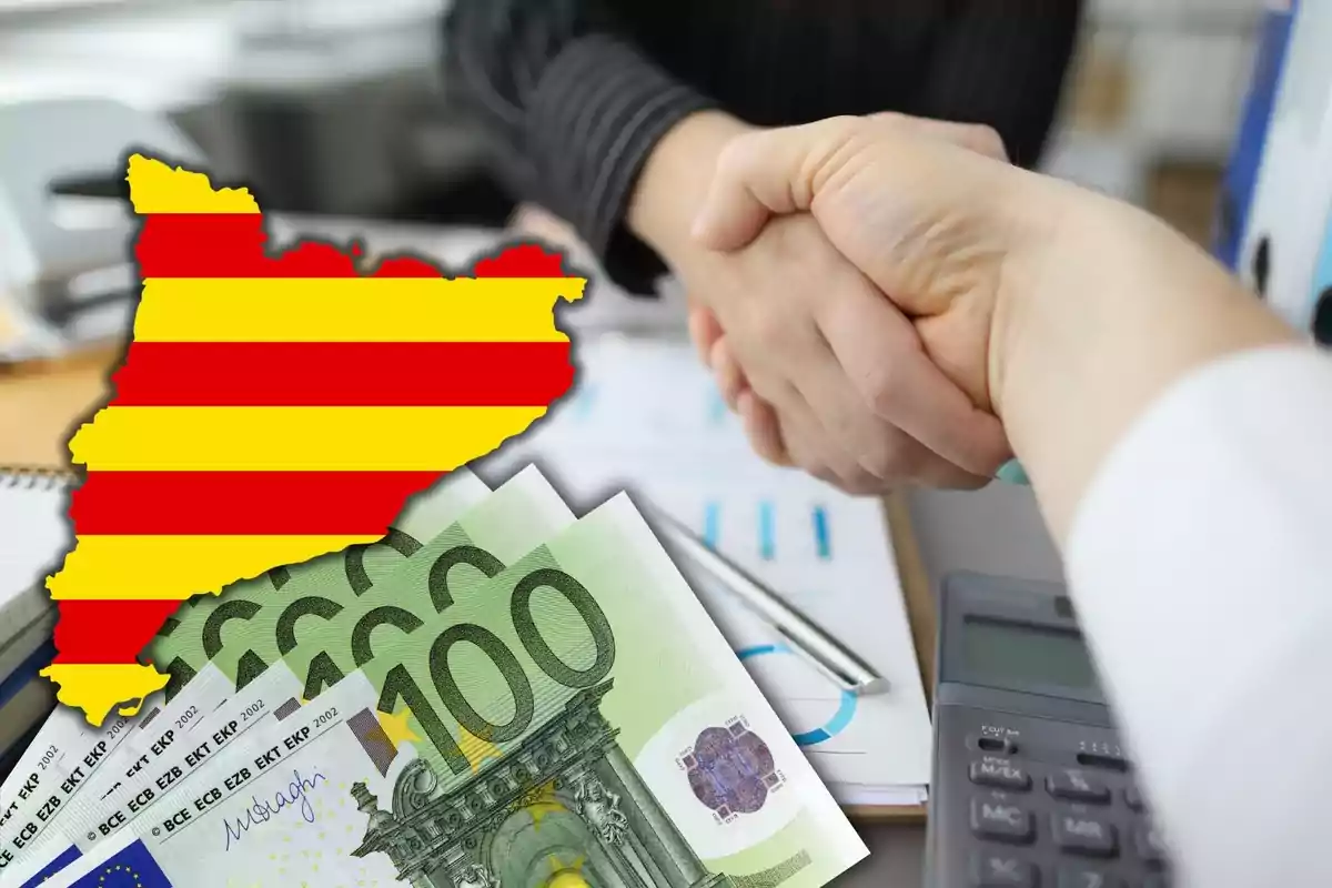Montaje con dos personas dándose la mano, la silueta de Cataluña y varios billetes de cien euros