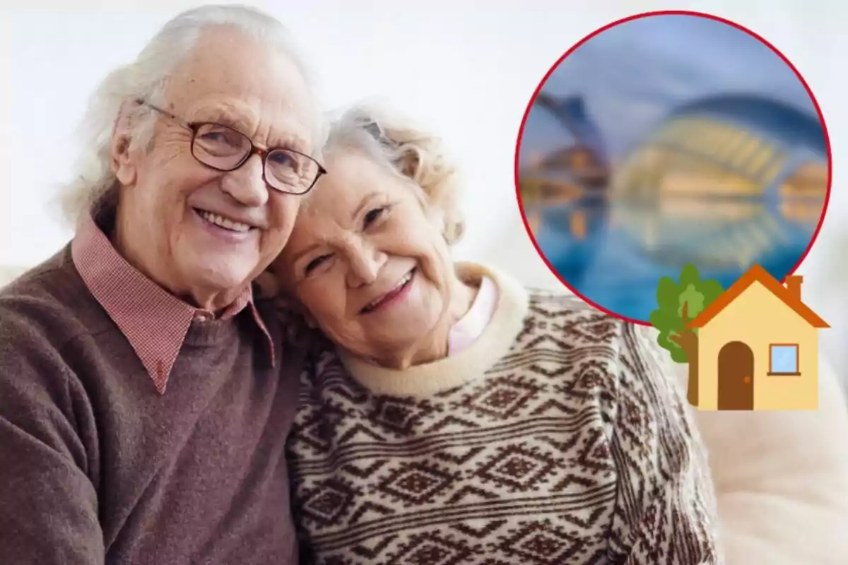 Una pareja de personas mayores sonríe mientras está sentada junta, con un gráfico de una casa y un círculo que muestra una imagen borrosa en la esquina superior derecha.