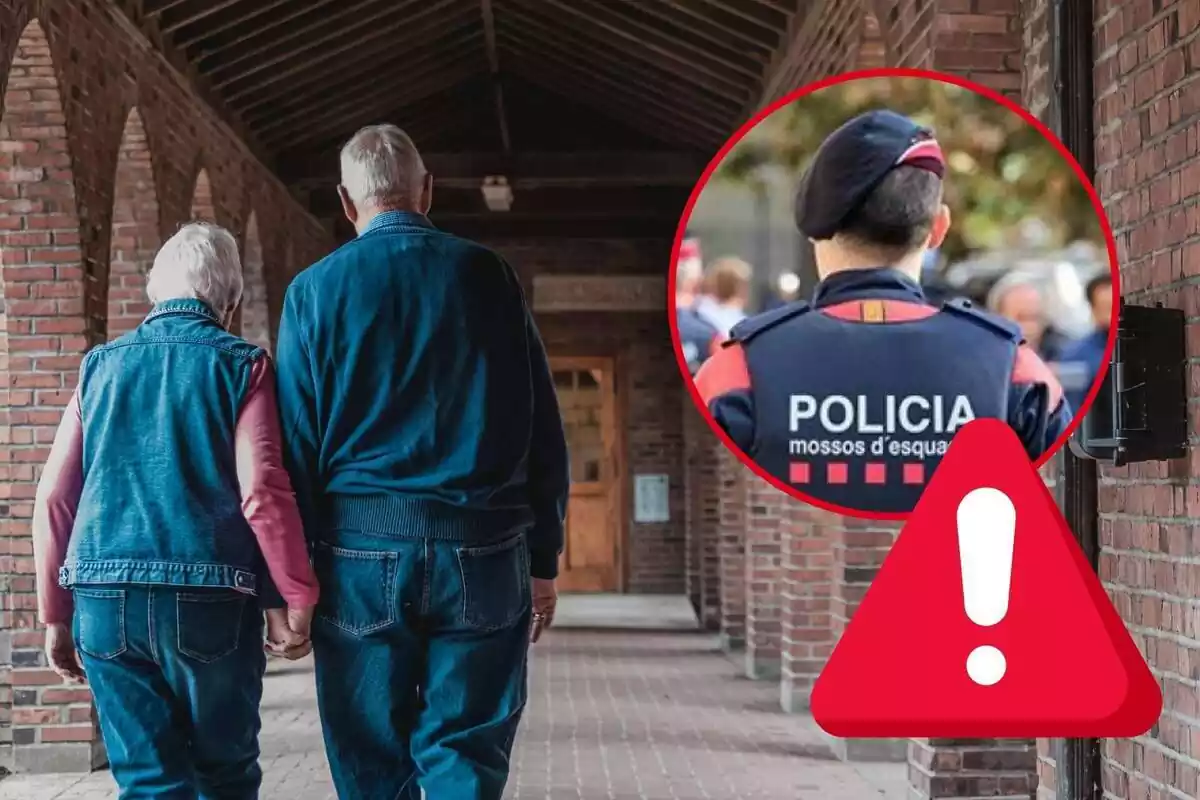 Montaje de una pareja de personas mayores de espaldas dándose la mano, un agente de los Mossos d'Esquadra y una señal de alerta