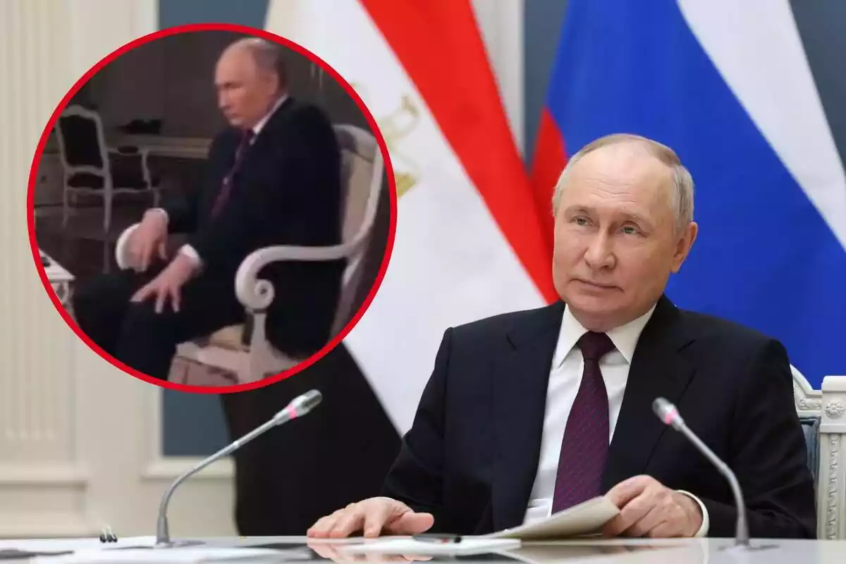 Vladimir Putin, sentado delante de una mesa, y en el círculo, Putin tocándose la pierna izquierda