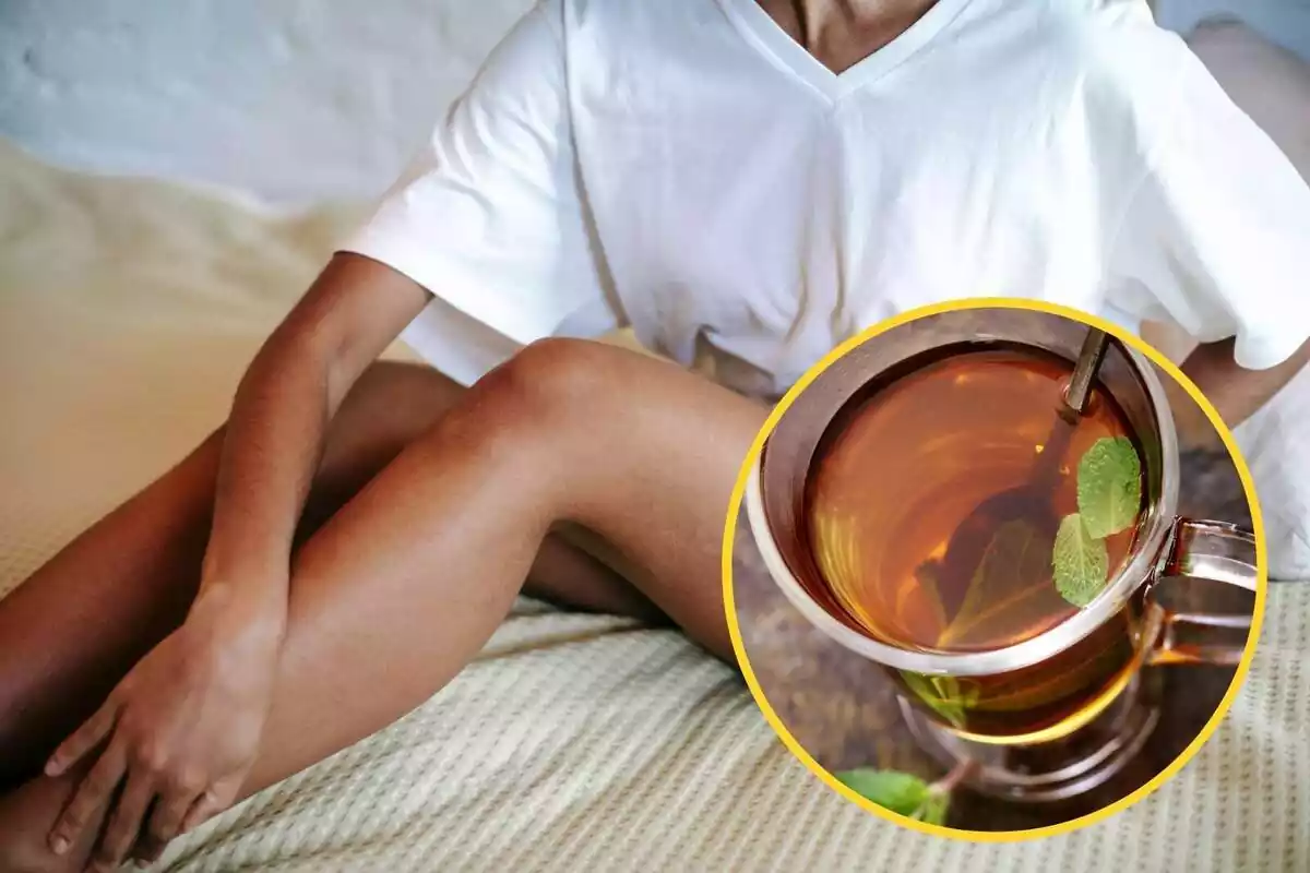 Montage: a woman rubs her leg and a circle with an infusion in a cup