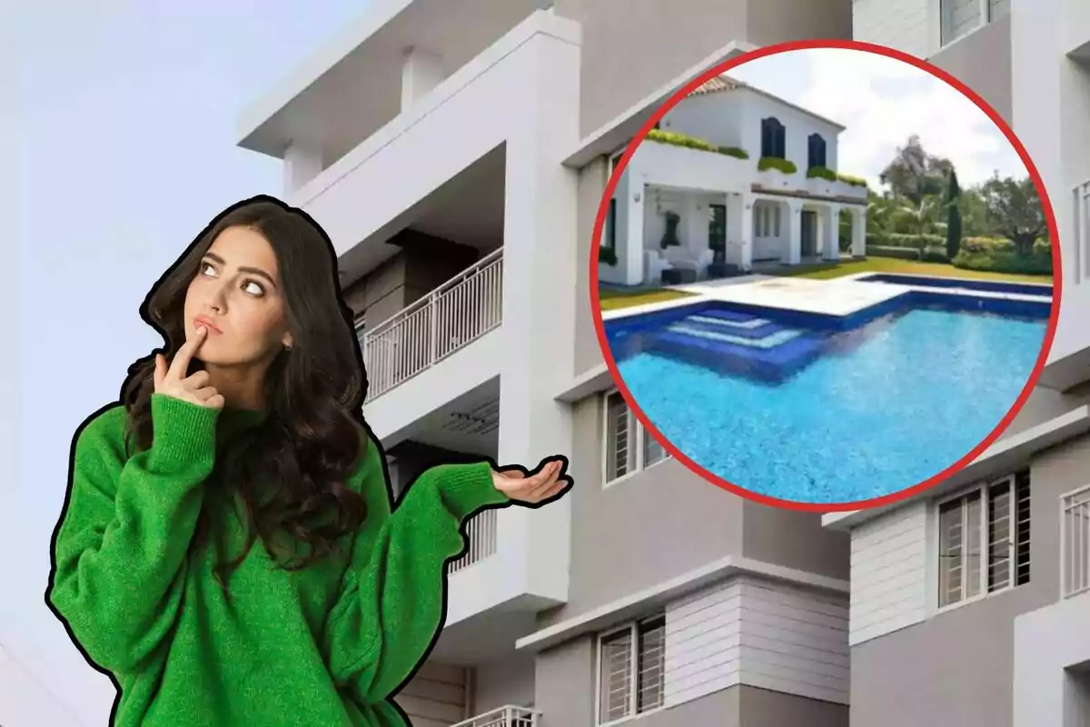 Un edificio al fondo, con una chica pensativa a la izquierda, y en el círculo, una piscina