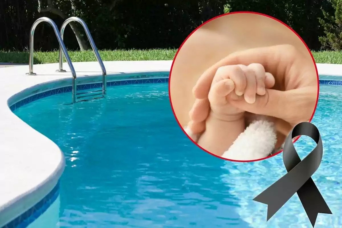 Piscina con un círculo que muestra la mano de un bebé sosteniendo un dedo adulto y un moño negro de luto