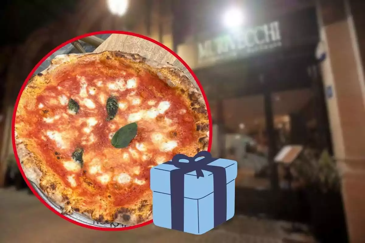 Montaje del restaurante Murivecchi en Barcelona y una pizza margarita